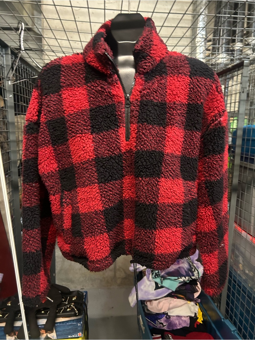 New Red & Black Buffalo Plaid Sherpa waist Half-Zip Jacket L